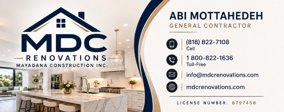 Maya Dana Construction Inc. (MDC Renovations) business card — Abi Mottahedeh, General Contractor